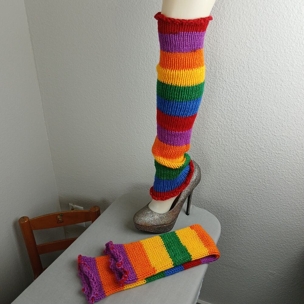 Rainbow Wish Knit Leg / Arm Warmer roll top handmade OSFA acrylic yarn